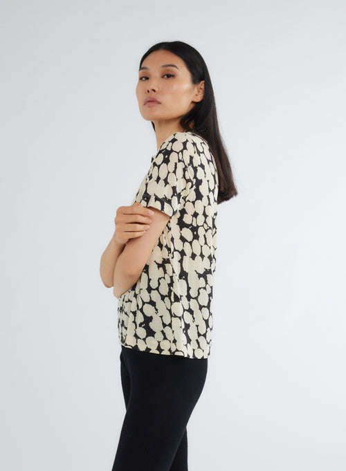 T-shirt Noir / beige Col Rond Manches Longues en Lyocell et Laine Vierge - MAJESTIC FILATURES