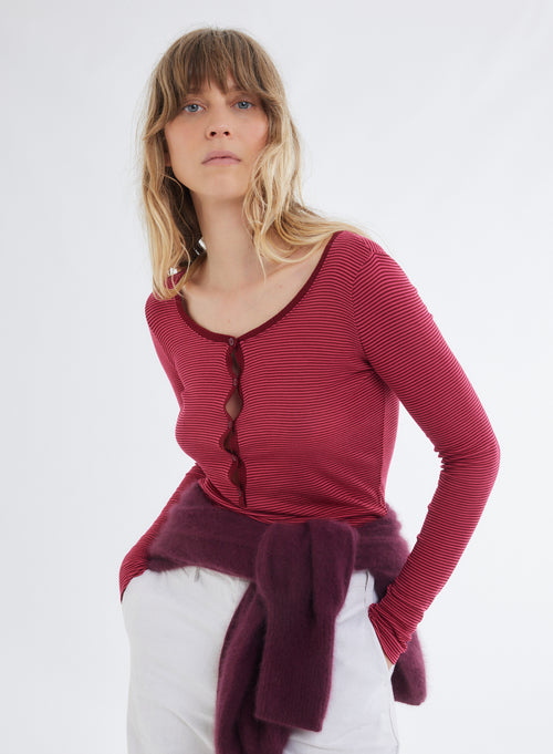 T-shirt Rose et Bordeaux Rayé Côtelé Col U Manches Longues avec Boutons en Viscose - MAJESTIC FILATURES