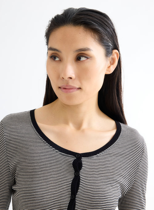 T-shirt Beige / Noir Col U Manches Longues en Viscose - MAJESTIC FILATURES