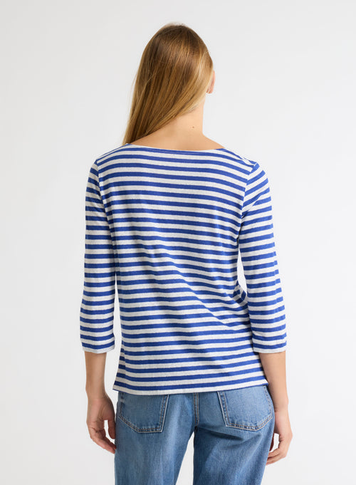 Tee shirt Bleu Col Bateau Manches Trois quarts en Lin / Elasthanne - MAJESTIC FILATURES