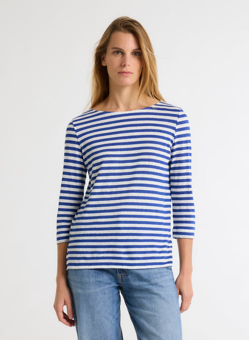 Tee shirt Bleu Col Bateau Manches Trois quarts en Lin / Elasthanne - MAJESTIC FILATURES