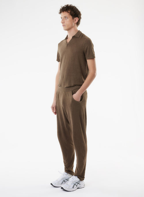 Pantalon Marron en Lin / Elasthanne - MAJESTIC FILATURES