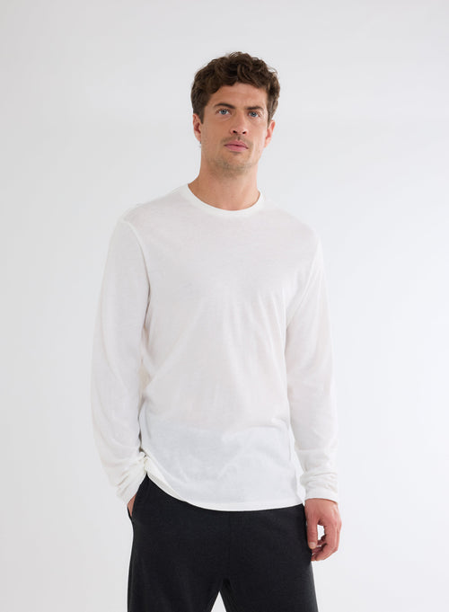 Tee shirt Blanc Col Rond Manches Longues - MAJESTIC FILATURES