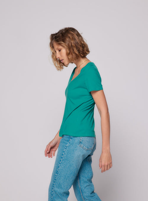 Tee shirt Turquoise Col V Manches Courtes en Coton - MAJESTIC FILATURES