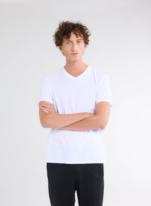 T-shirt Blanc Paul Col V Manches Courtes en Coton - MAJESTIC FILATURES