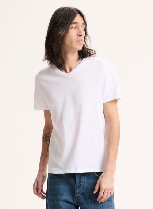 T-shirt Blanc Paul Col V Manches Courtes en Coton - MAJESTIC FILATURES