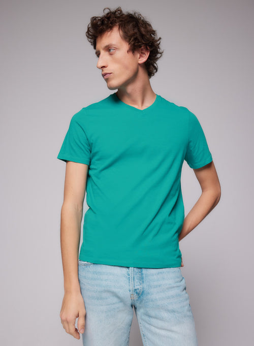 T-shirt Turquoise Paul Col V Manches Courtes en Coton - MAJESTIC FILATURES