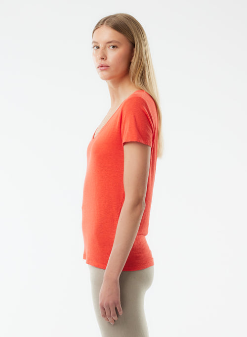 Tee shirt Orange Manches Courtes Col V en Lin / Elasthanne - MAJESTIC FILATURES