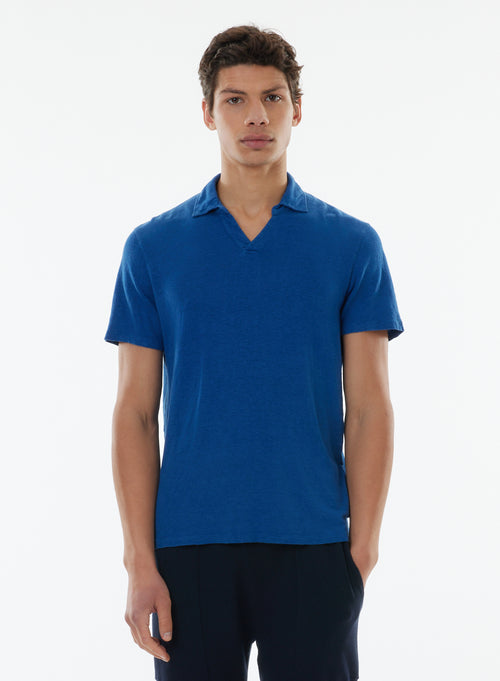 Tee shirt Bleu Manches Courtes Col Polo en Lin / Elasthanne - MAJESTIC FILATURES