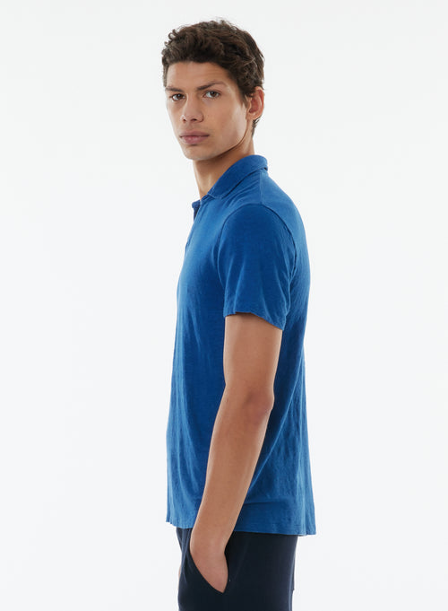 Tee shirt Bleu Manches Courtes Col Polo en Lin / Elasthanne - MAJESTIC FILATURES