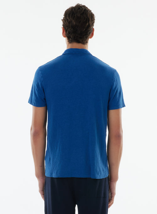 Tee shirt Bleu Manches Courtes Col Polo en Lin / Elasthanne - MAJESTIC FILATURES