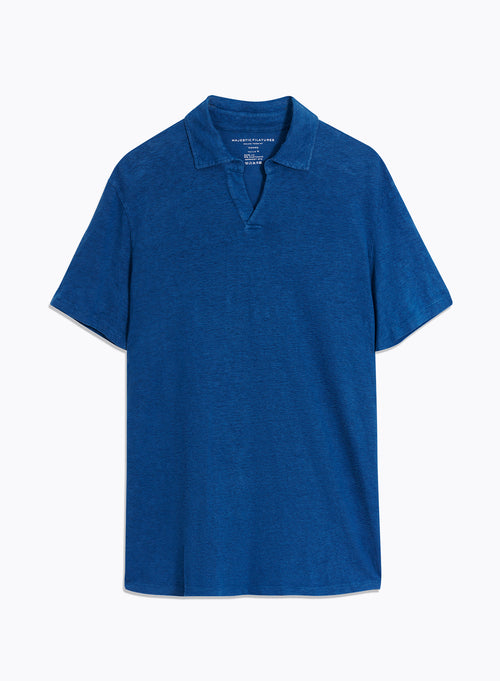 Tee shirt Bleu Manches Courtes Col Polo en Lin / Elasthanne - MAJESTIC FILATURES