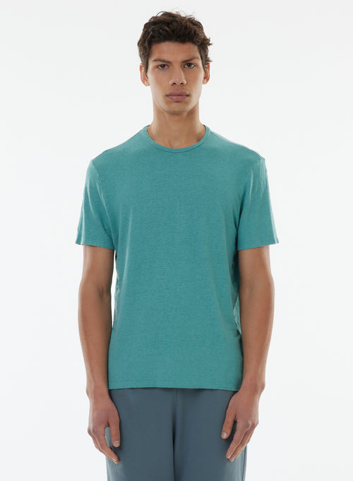 Blue Short Sleeve Round Neck Linen / Elastane T-shirt - MAJESTIC FILATURES