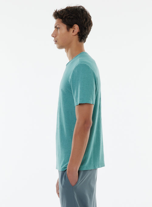 Blue Short Sleeve Round Neck Linen / Elastane T-shirt - MAJESTIC FILATURES