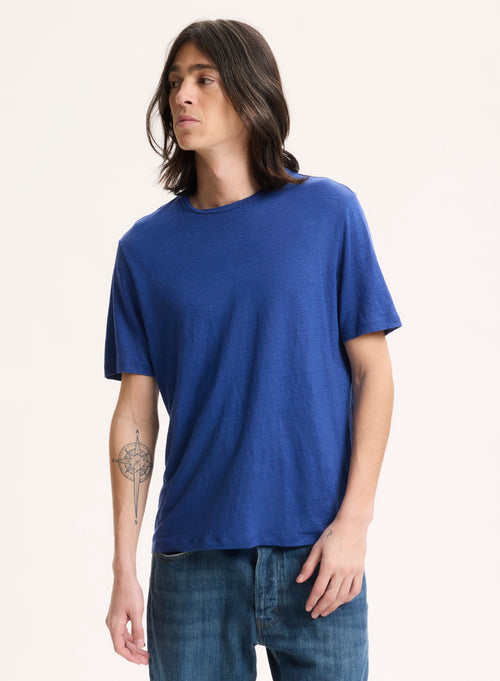 Camiseta azul de manga corta con cuello redondo en lino / elastano - MAJESTIC FILATURES