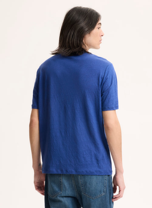 Camiseta azul de manga corta con cuello redondo en lino / elastano - MAJESTIC FILATURES