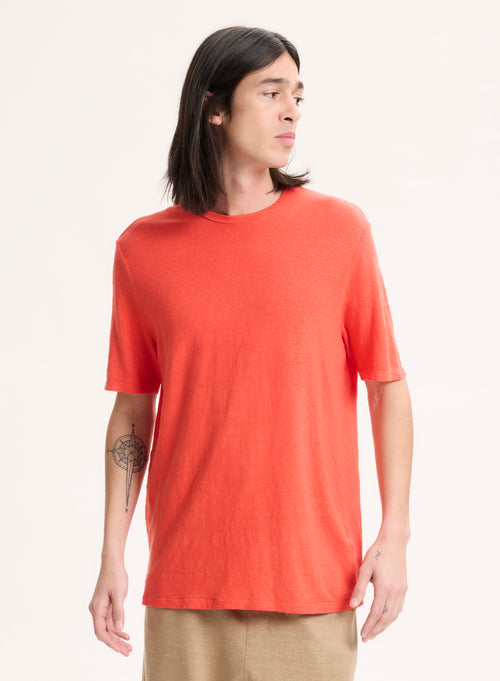 Orange T-Shirt Rundhalsausschnitt Kurzarm aus Leinen / Elastan - MAJESTIC FILATURES