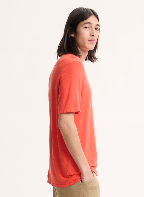 Orange T-Shirt Rundhalsausschnitt Kurzarm aus Leinen / Elastan - MAJESTIC FILATURES