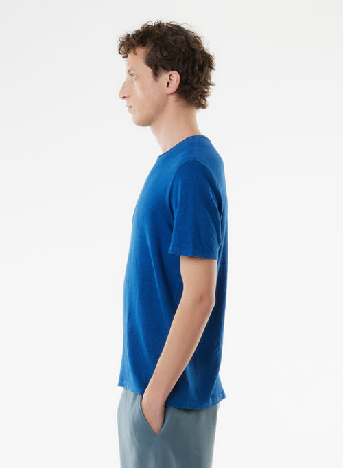 Tee shirt Bleu Manches Courtes Col Rond en Lin / Elasthanne - MAJESTIC FILATURES