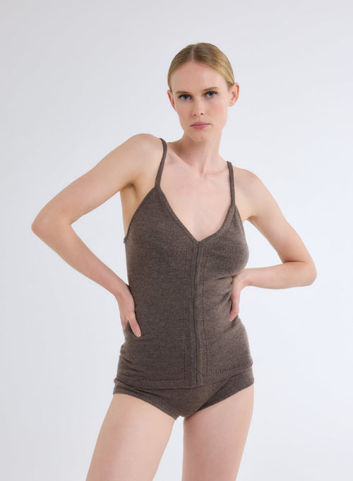 Brown Wool and Cashmere V-Neck Tank with Fine Straps - MAJESTIC FILATURES