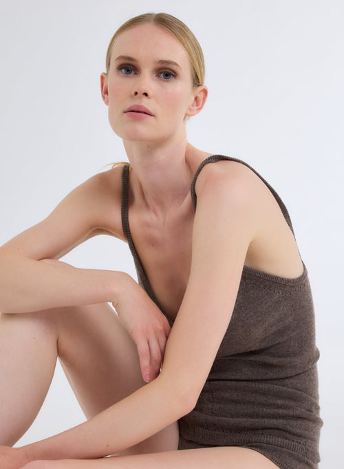 Brown Wool and Cashmere V-Neck Tank with Fine Straps - MAJESTIC FILATURES