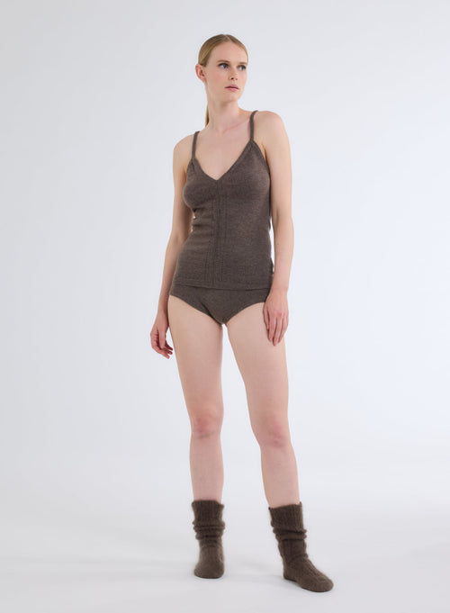 Brown Wool and Cashmere V-Neck Tank with Fine Straps - MAJESTIC FILATURES